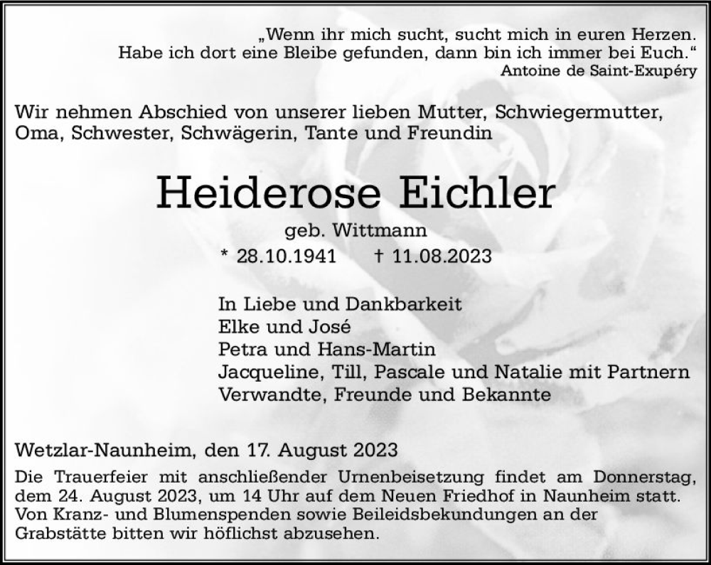  Traueranzeige für Heiderose Eichler vom 17.08.2023 aus Wetzlarer Neue Zeitung