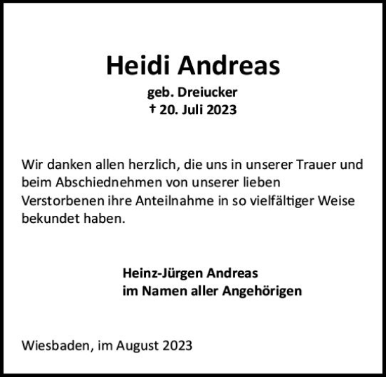 Traueranzeige von Heidi Andreas von Wiesbadener Kurier