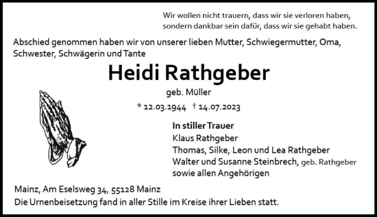 Traueranzeige von Heidi Rathgeber von Allgemeine Zeitung Mainz