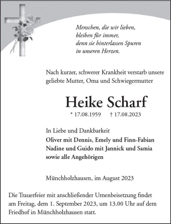 Traueranzeige von Heike Scharf von Wetzlarer Neue Zeitung