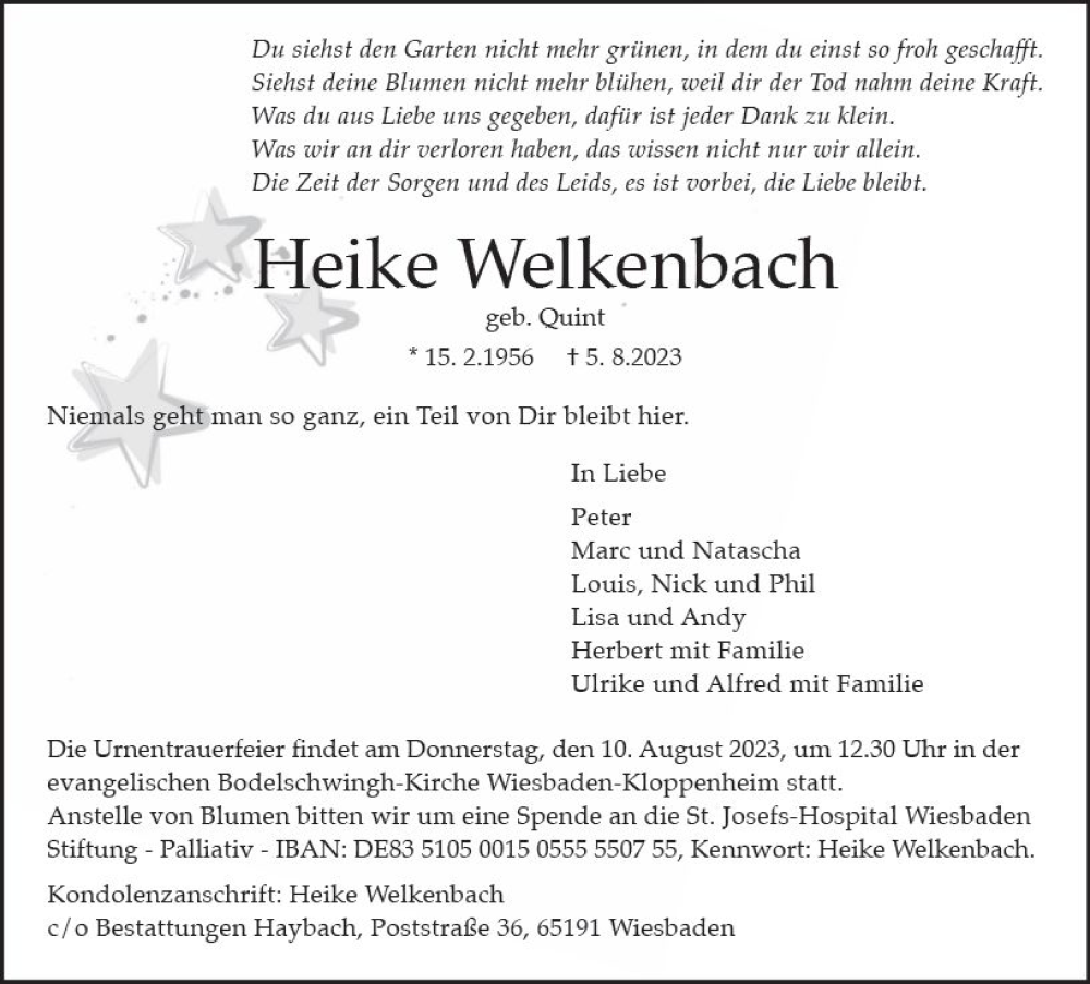  Traueranzeige für Heike Welkenbach vom 08.08.2023 aus Wiesbadener Kurier