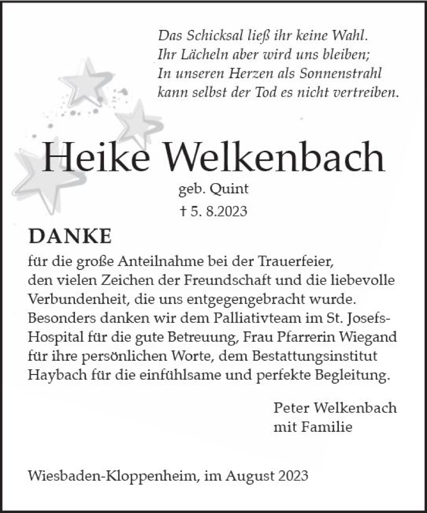  Traueranzeige für Heike Welkenbach vom 26.08.2023 aus Wiesbadener Kurier