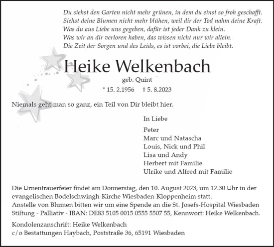 Traueranzeige von Heike Welkenbach von Wiesbadener Kurier