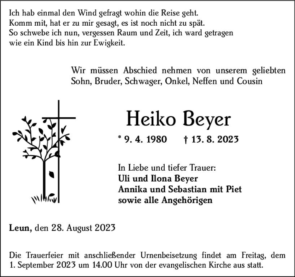  Traueranzeige für Heiko Beyer vom 28.08.2023 aus Wetzlarer Neue Zeitung
