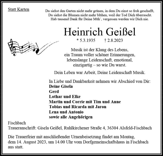 Traueranzeige von Heinrich Geißel von VRM Trauer