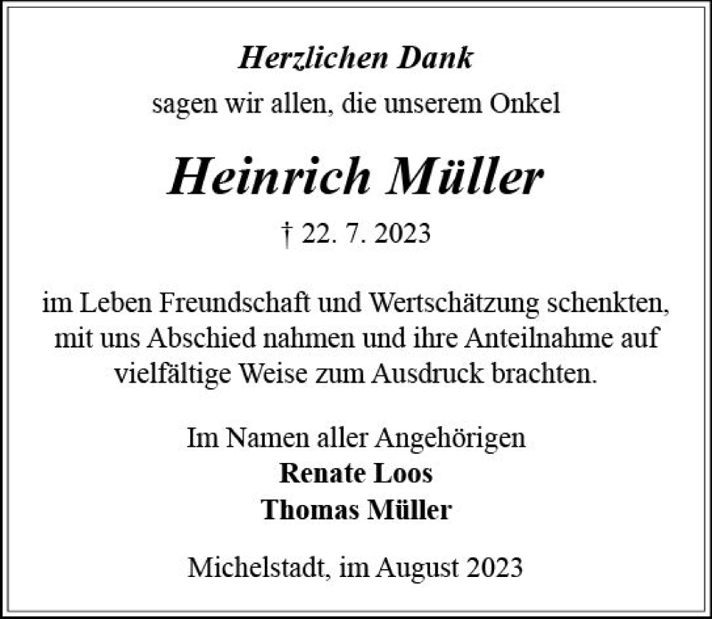  Traueranzeige für Heinrich Müller vom 19.08.2023 aus Odenwälder Echo