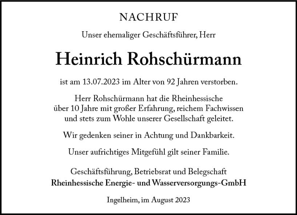  Traueranzeige für Heinrich Rohschürmann vom 02.08.2023 aus Allgemeine Zeitung Bingen/Ingelheim