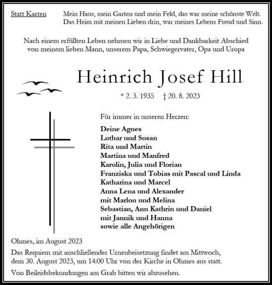 Traueranzeige von Heinrich Josef Hill von Oberhessen Kurier