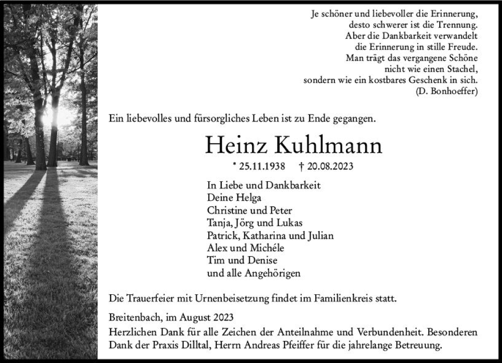  Traueranzeige für Heinz Kuhlmann vom 24.08.2023 aus Wetzlarer Neue Zeitung