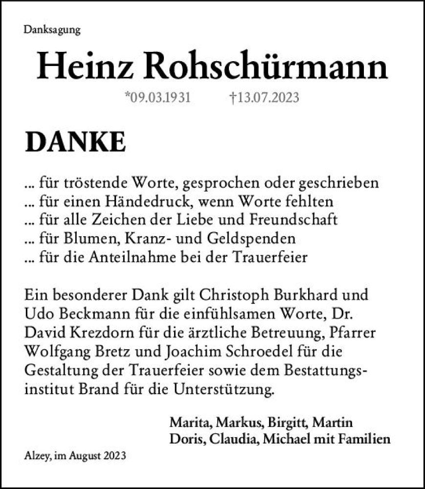 Traueranzeige für Heinz Rohschürmann vom 15.08.2023 aus Allgemeine Zeitung Alzey