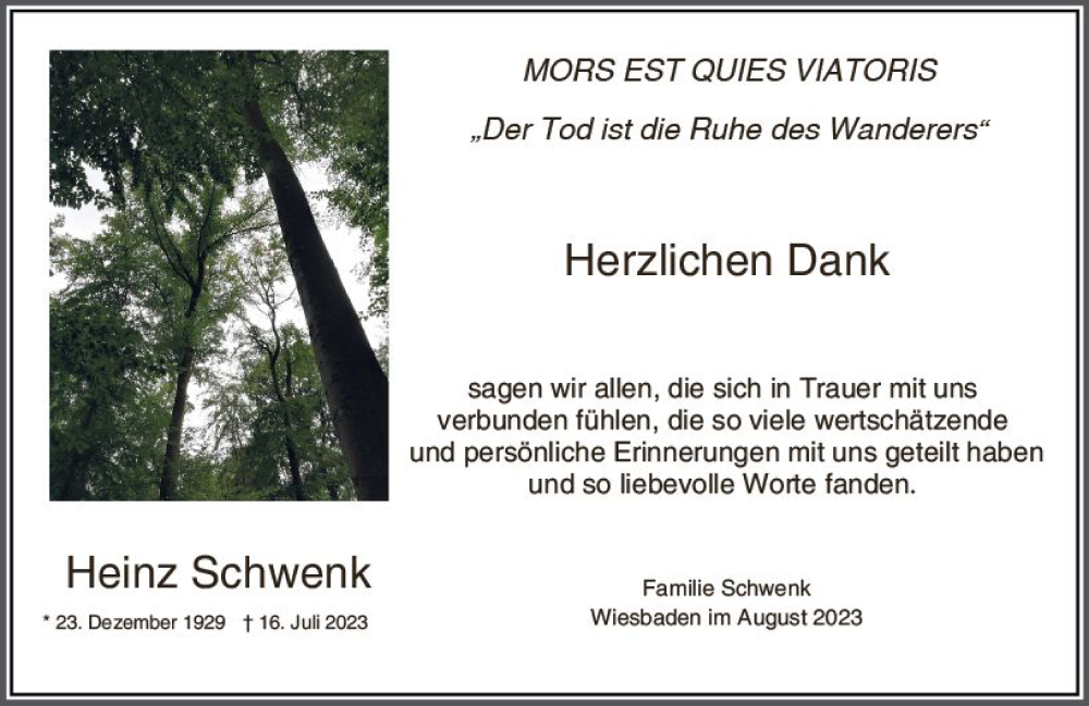  Traueranzeige für Heinz Schwenk vom 12.08.2023 aus Wiesbadener Kurier