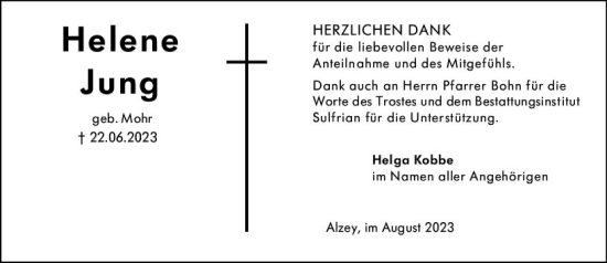 Traueranzeige von Helene Jung von Allgemeine Zeitung Alzey
