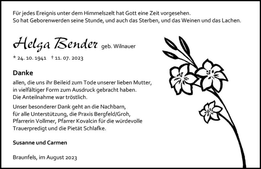  Traueranzeige für Helga Bender vom 19.08.2023 aus Wetzlarer Neue Zeitung