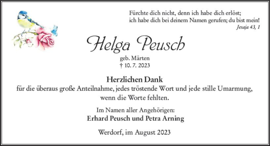 Traueranzeige von Helga Peusch von Wetzlarer Neue Zeitung