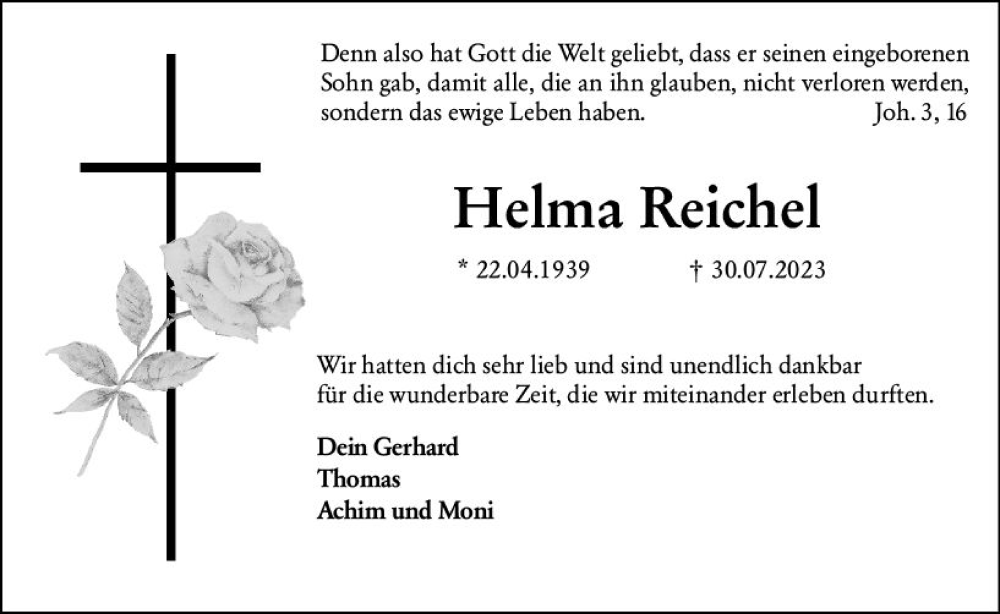  Traueranzeige für Helma Reichel vom 02.08.2023 aus Hinterländer Anzeiger
