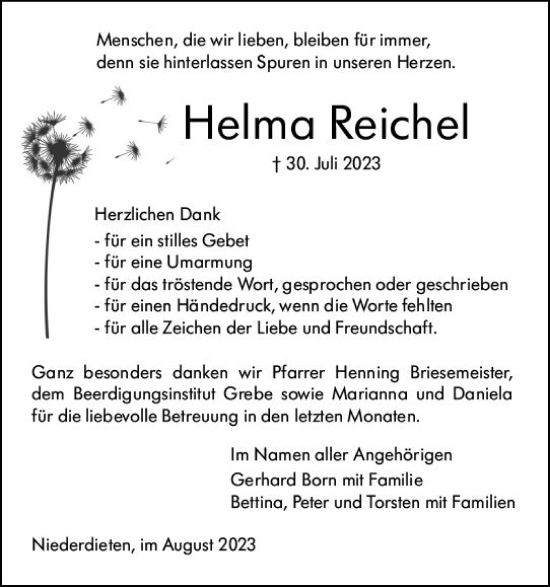 Traueranzeige von Helma Reichel von Hinterländer Anzeiger