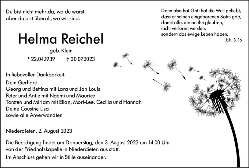  Traueranzeige für Helma Reichel vom 02.08.2023 aus Hinterländer Anzeiger