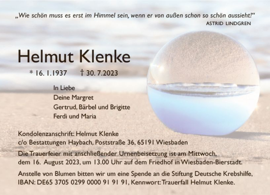 Traueranzeige von Helmut Klenke von Wiesbadener Kurier