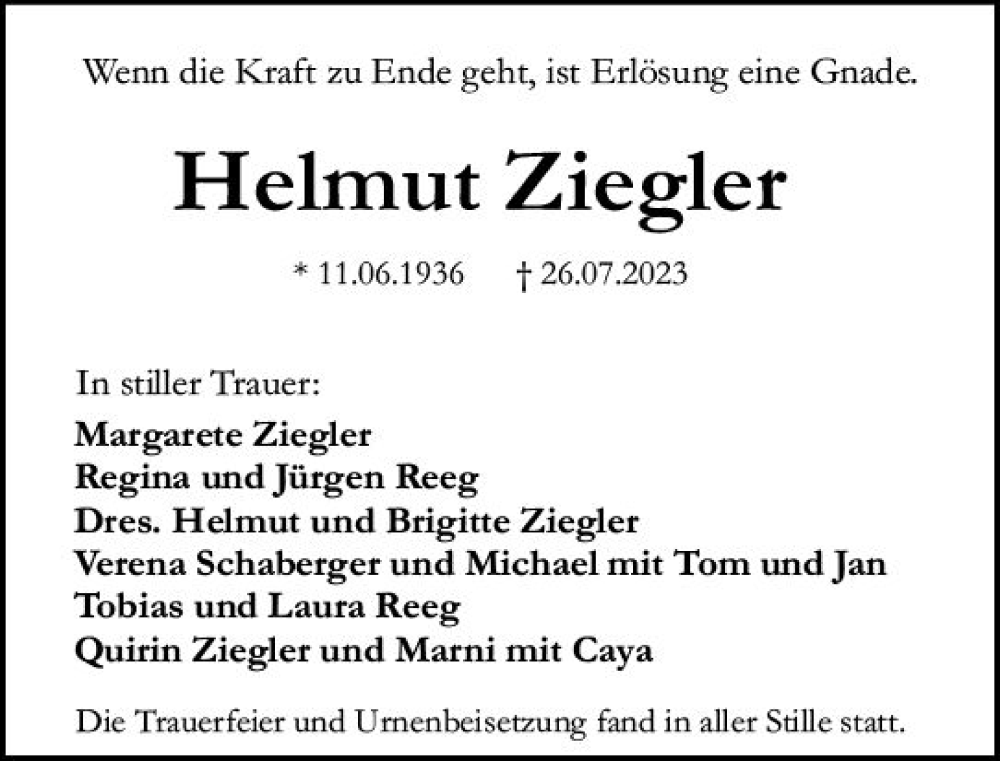  Traueranzeige für Helmut Ziegler vom 12.08.2023 aus Darmstädter Echo