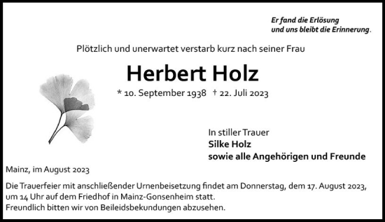 Traueranzeige von Herbert Holz von Allgemeine Zeitung Mainz