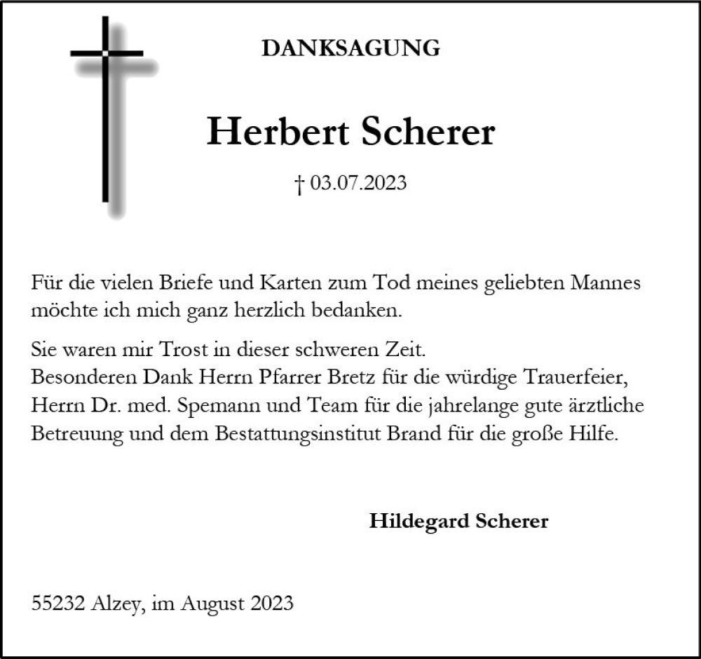  Traueranzeige für Herbert Scherer vom 19.08.2023 aus Allgemeine Zeitung Alzey