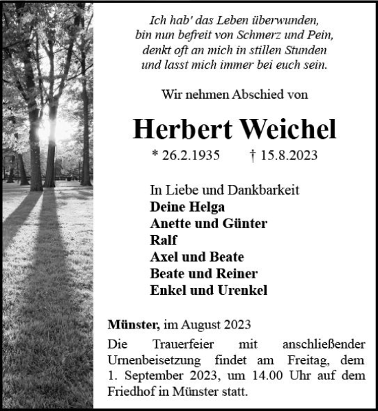 Traueranzeige von Herbert Weichel von Camberger Anzeiger