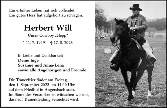 Traueranzeige von Herbert Will von VRM Trauer