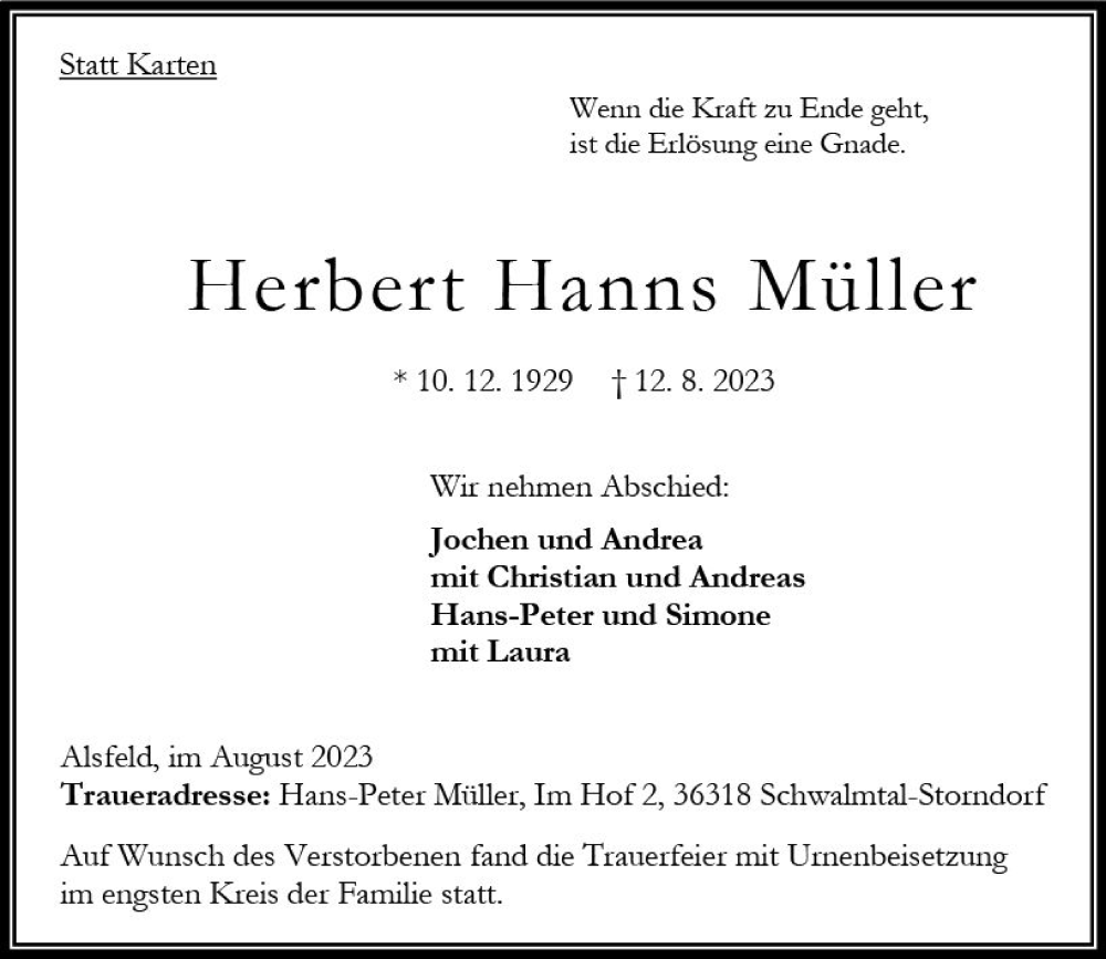  Traueranzeige für Herbert Hanns Müller vom 26.08.2023 aus Oberhessen Kurier