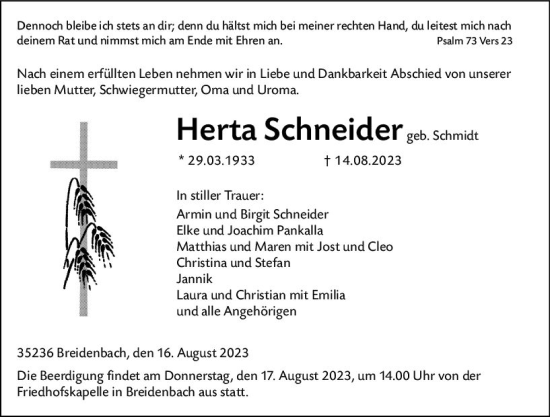 Traueranzeige von Herta Schneider von Hinterländer Anzeiger