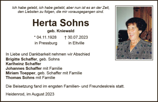 Traueranzeige von Herta Sohns von Wiesbadener Kurier