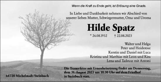 Traueranzeige von Hilde Spatz von Odenwälder Echo