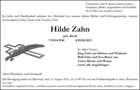 Traueranzeige von Hilde Zahn von Allgemeine Zeitung Alzey