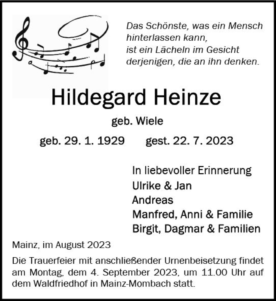  Traueranzeige für Hildegard Heinze vom 26.08.2023 aus Allgemeine Zeitung Mainz