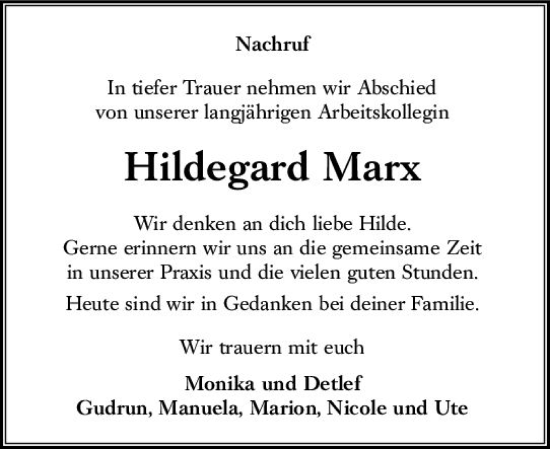 Traueranzeige von Hildegard Marx von VRM Trauer