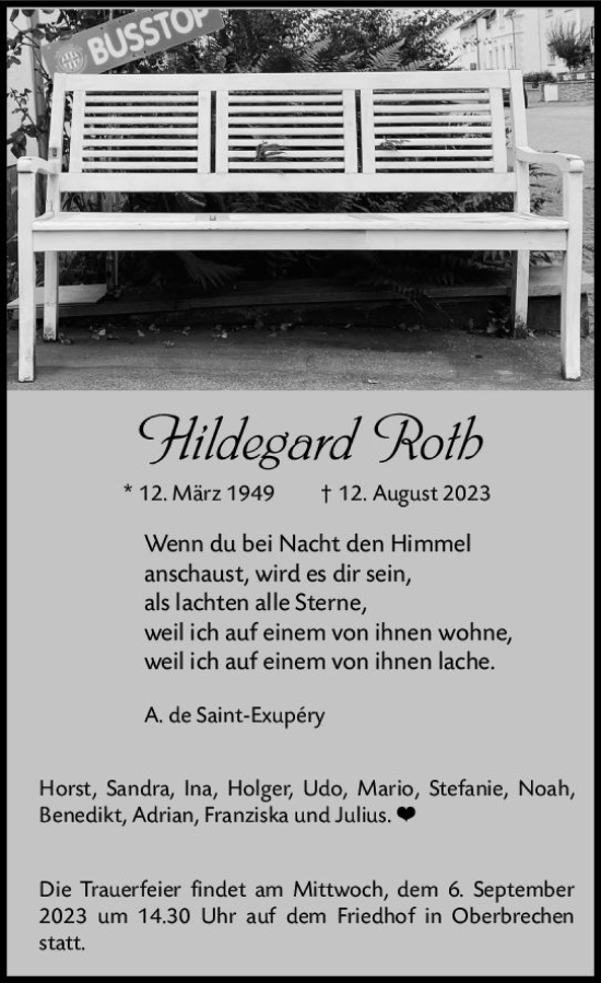 Traueranzeige von Hildegard Roth von Camberger Anzeiger