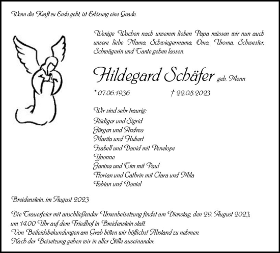 Traueranzeige von Hildegard Schäfer von Hinterländer Anzeiger