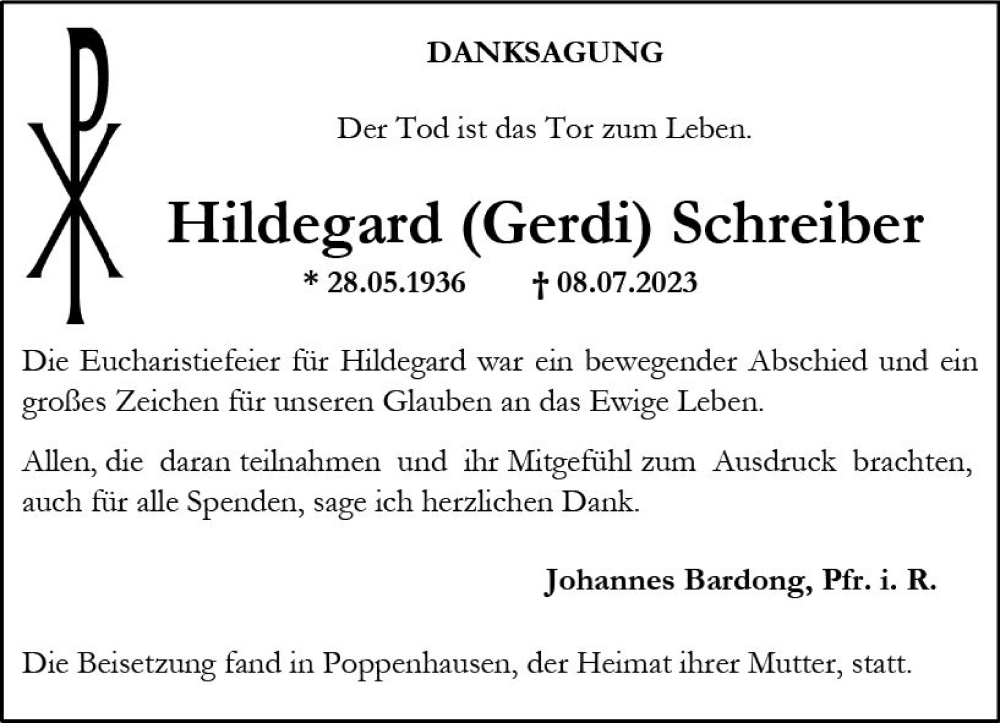  Traueranzeige für Hildegard Schreiber vom 05.08.2023 aus Allgemeine Zeitung Alzey