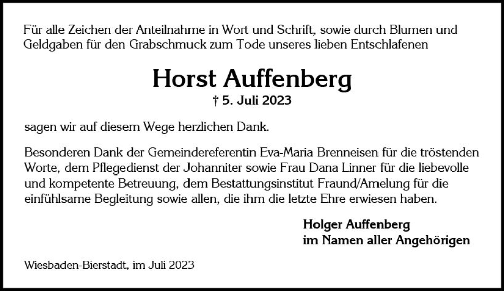  Traueranzeige für Horst Auffenberg vom 19.08.2023 aus Wiesbadener Kurier