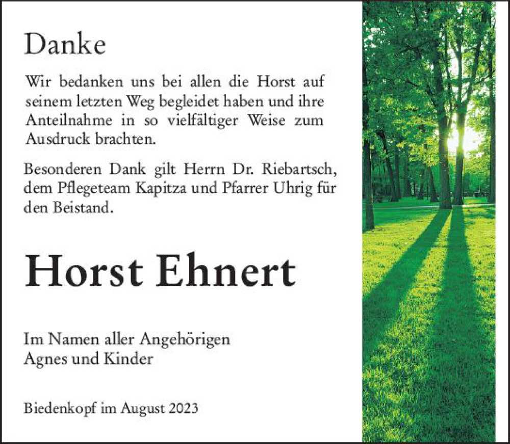  Traueranzeige für Horst Ehnert vom 07.08.2023 aus Hinterländer Anzeiger