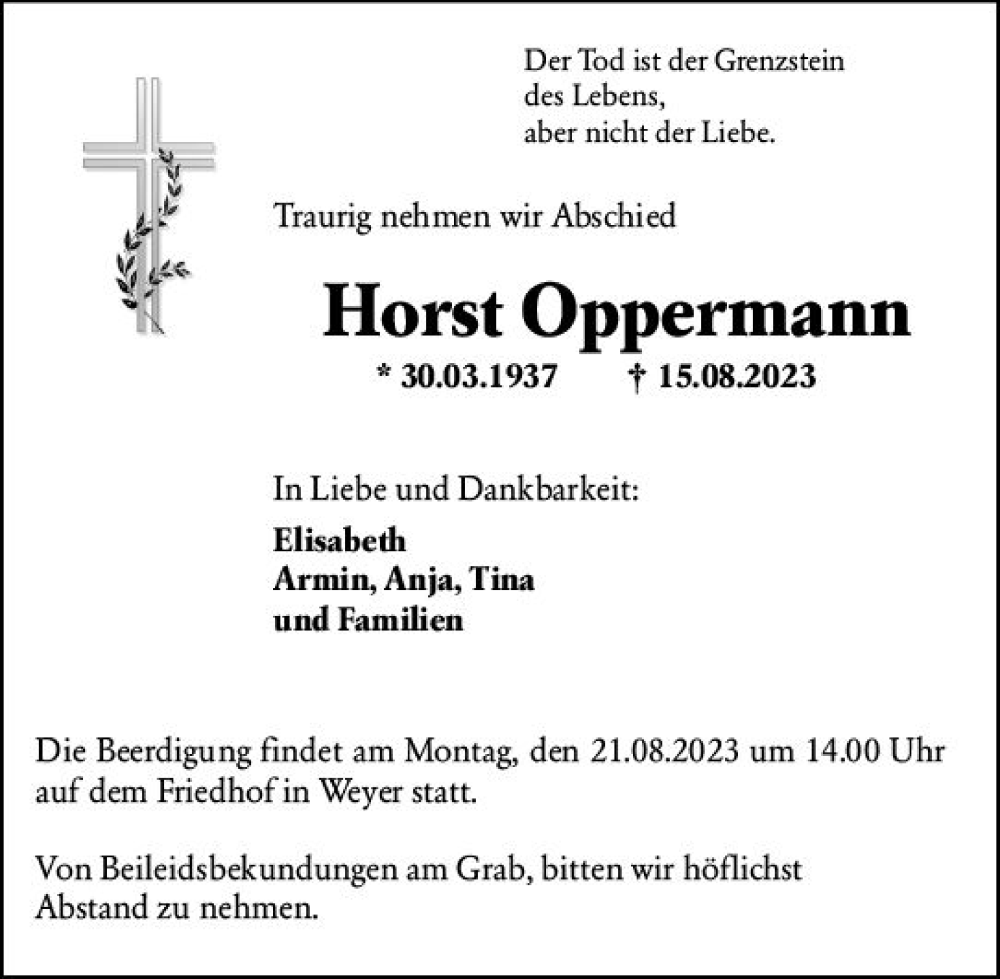  Traueranzeige für Horst Oppermann vom 18.08.2023 aus Weilburger Tageblatt