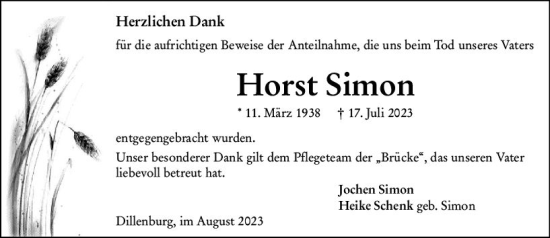 Traueranzeige von Horst Simon von Dill Block