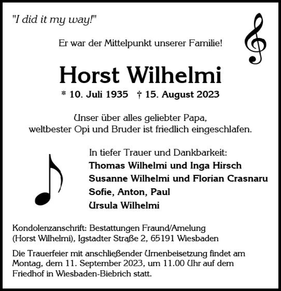  Traueranzeige für Horst Wilhelmi vom 19.08.2023 aus Wiesbadener Kurier