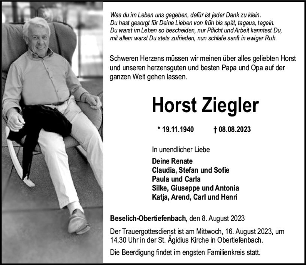  Traueranzeige für Horst Ziegler vom 12.08.2023 aus Nassauische Neue Presse
