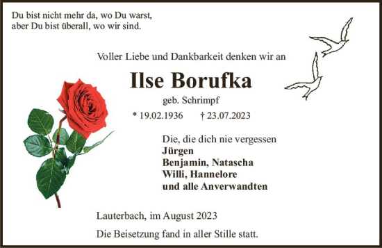 Traueranzeige von Ilse Borufka von VRM Trauer