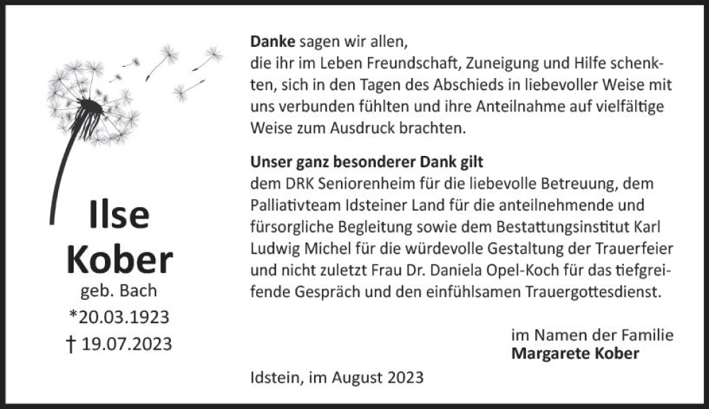  Traueranzeige für Ilse Kober vom 19.08.2023 aus Idsteiner Land/Untertaunus