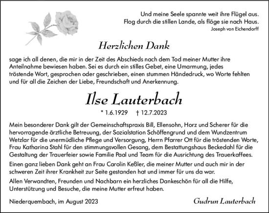 Traueranzeige von Ilse Lauterbach von Wetzlarer Neue Zeitung