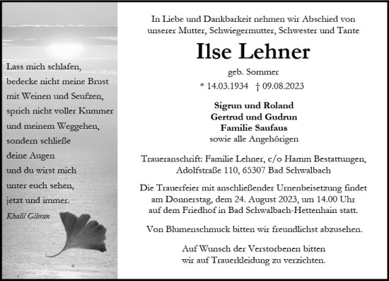 Traueranzeige von Ilse Lehner von Wiesbadener Kurier