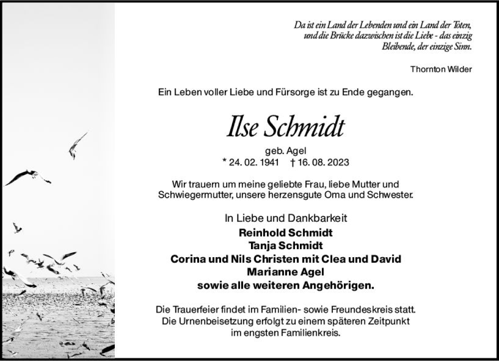 Traueranzeige für Ilse Schmidt vom 26.08.2023 aus Wetzlarer Neue Zeitung