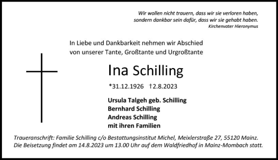 Traueranzeige von Ina Schilling von Allgemeine Zeitung Mainz