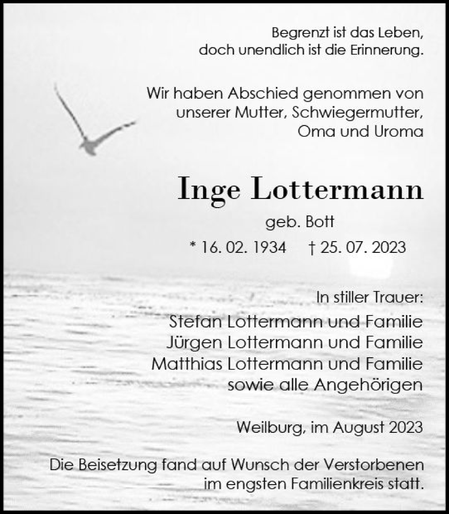  Traueranzeige für Inge Lottermann vom 19.08.2023 aus Weilburger Tageblatt